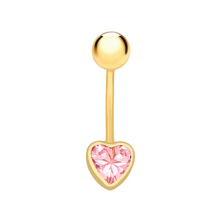 9K Yellow Gold Pink Cubic Zirconia Heart Belly Bar