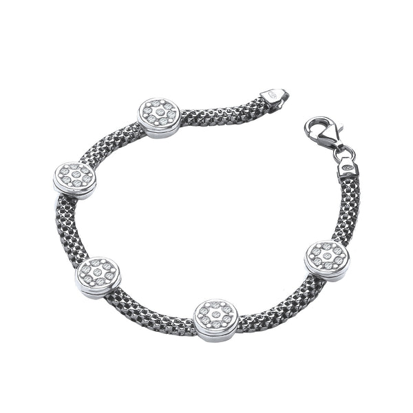 Ruthenium Mesh With Five Circles CZ's 7"/19cm Bracelet