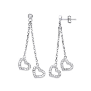Silver 2-strand CZ Hearts Drop Earrings
