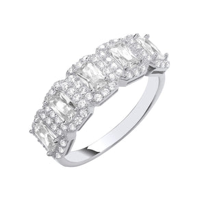 Silver 5 Emerald Cut CZ Halo Ring