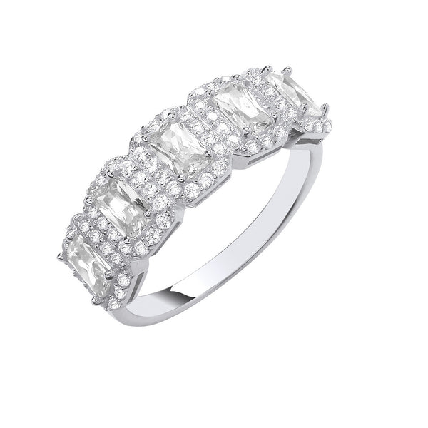 Silver 5 Emerald Cut CZ Halo Ring