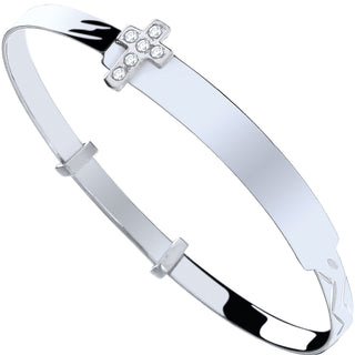 Silver Baby Id With CZ Cross Expandable Bangle