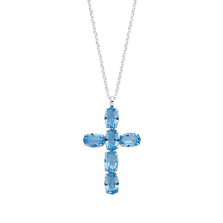 Silver Blue Crystal Cross Pendant On Chain