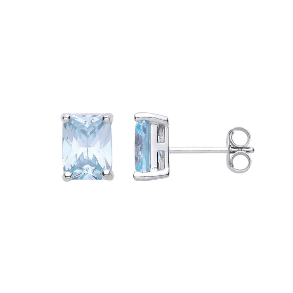 Silver Blue CZ Emerald Cut Stud Earrings