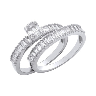 Silver Bridal Set Baguette CZ Half Et Rings