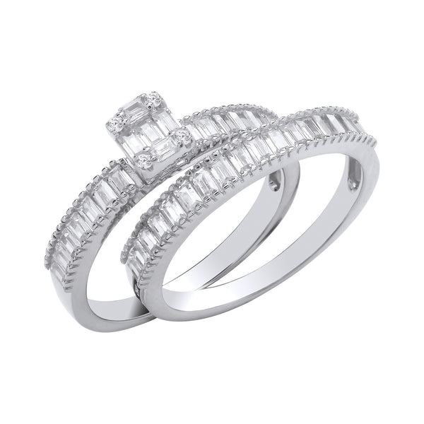 Silver Bridal Set Baguette CZ Half Et Rings