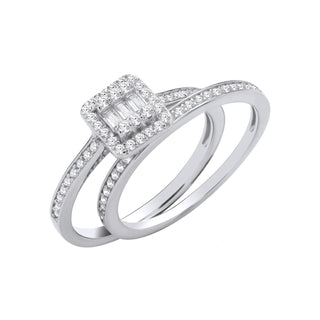 Silver Bridal Set Baguettes Centre & Round CZ Half Et Rings