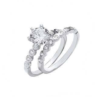 Silver Bridal Set Big CZ Sterling Silver & Rubover Half Et Rings