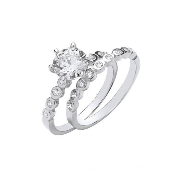 Silver Bridal Set Big CZ Sterling Silver & Rubover Half Et Rings