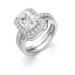 Silver Bridal Set CZ Emerald Cut Centre Rings