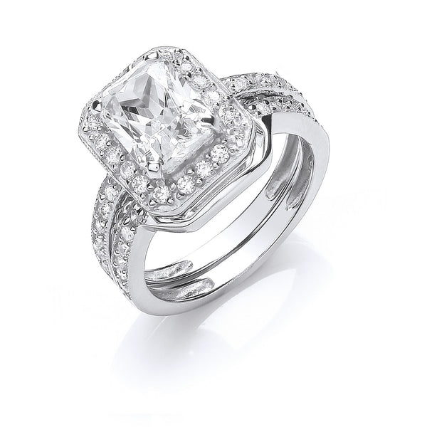 Silver Bridal Set CZ Emerald Cut Centre Rings