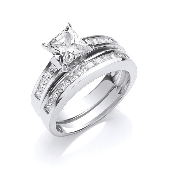 Silver Bridal Set CZ Princess Cut Rings