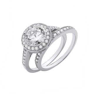 Silver Bridal Set Halo CZ Half Et Rings