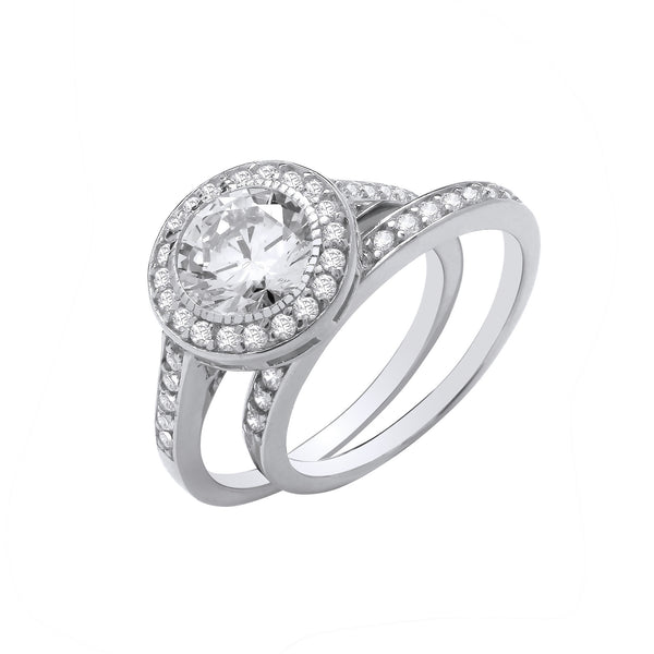 Silver Bridal Set Halo CZ Half Et Rings