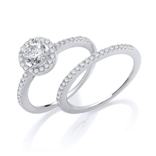 Silver Bridal Set Halo Solitaire With Half Et CZ