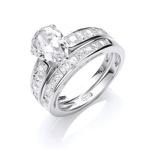 Silver Bridal Set, Pear CZ Centre Rings