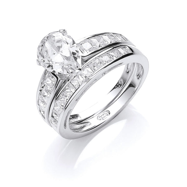 Silver Bridal Set, Pear CZ Centre Rings