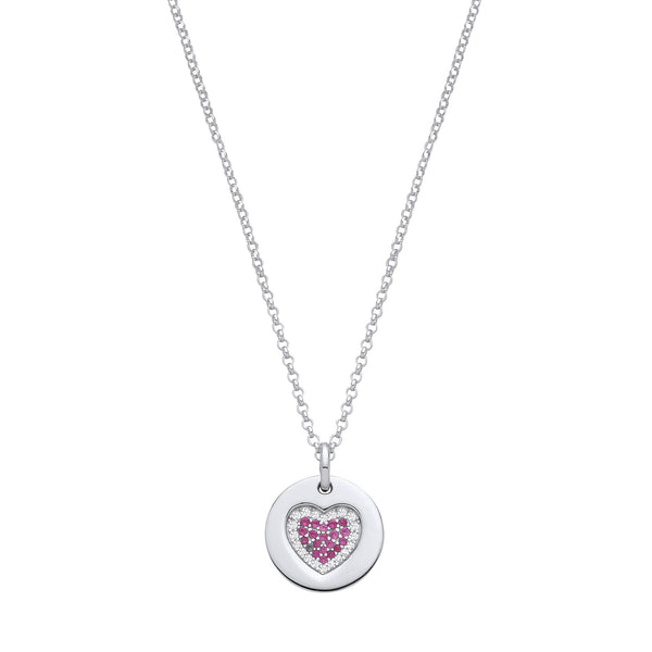 Silver Chain With Pink CZ Heart On Circle Pendant