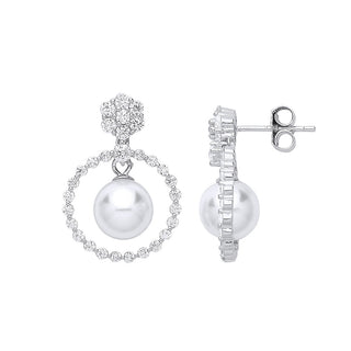 Silver Circle Of Life, Pearl & CZ Drop Earrings