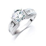 Silver Claw Set CZ Solitaire Baguette Sidesring