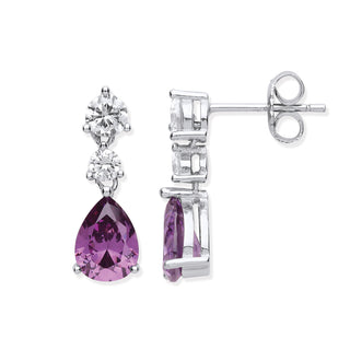 Silver Clear & Amethyst Colour CZ Drop Earrings
