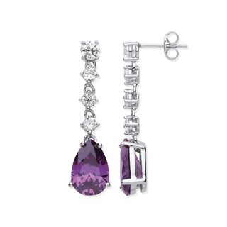 Silver Clear & Amethyst Colour CZ Long Drop Earrings
