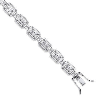 Silver Clear CZ Emerald Cut In A Halo Style Tennis Bracelet