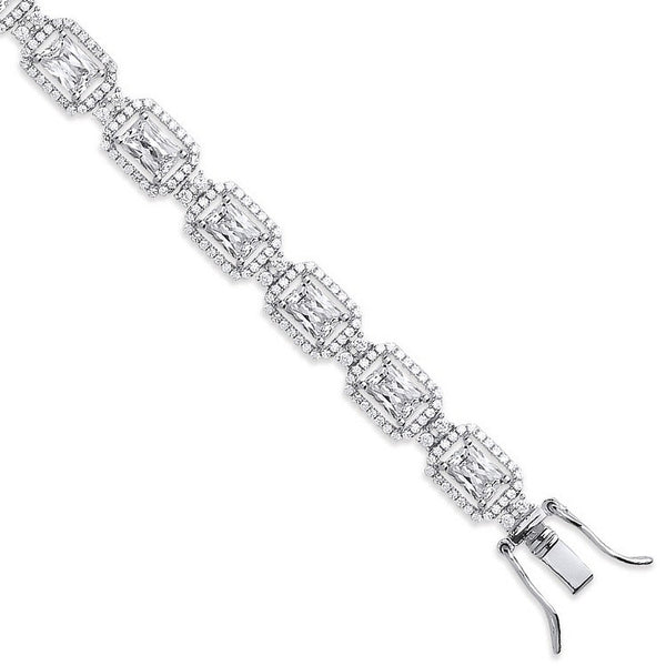 Silver Clear CZ Emerald Cut In A Halo Style Tennis Bracelet