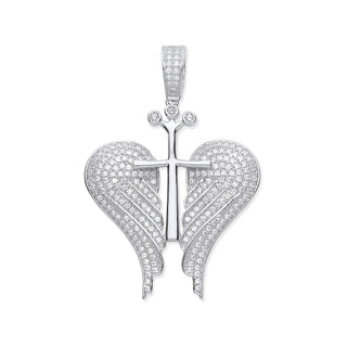 Silver CZ Open Angel Wings With Royal Cross Pendant