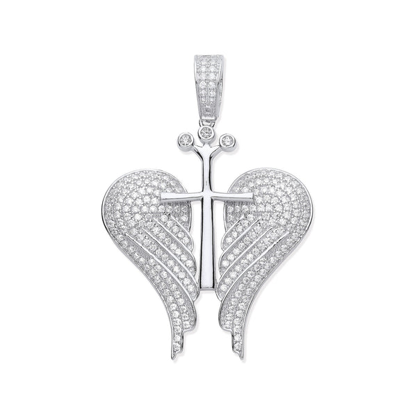 Silver CZ Open Angel Wings With Royal Cross Pendant
