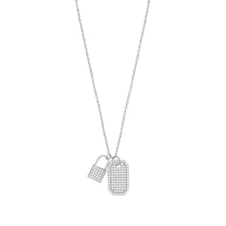Silver CZ Padlock & Dog Tag Necklace