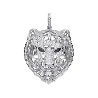Silver CZ Tiger Head Black CZ Eyes Pendant
