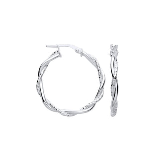 Silver D/c & Plain Twist Medium Hoop Earrings