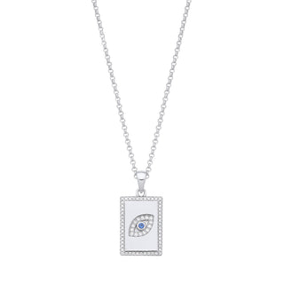 Silver Dog Tag CZ Evil Eye Pendant On Chain