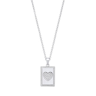 Silver Dog Tag CZ Heart Pendant On Chain