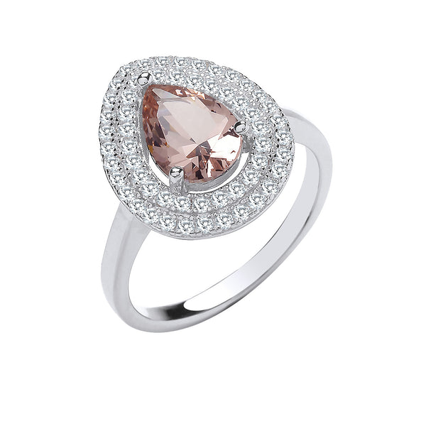 Silver Double CZ Pear Halo & Synthetic Morganite Ring