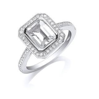 Silver Emerald Cut CZ Centre Ring