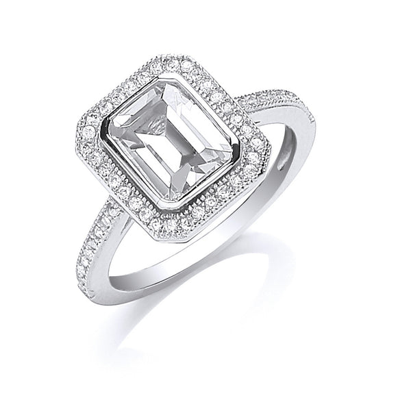 Silver Emerald Cut CZ Centre Ring