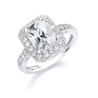 Silver Emerald Cut With CZ Surrounding & Shoulders Ring