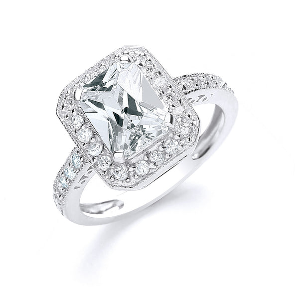 Silver Emerald Cut With CZ Surrounding & Shoulders Ring
