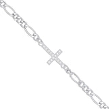 Silver Figaro Chain With CZ Cross Bracelet