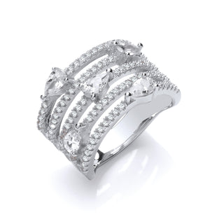 Silver Five Rows Round & Pear Shape CZ Ring J