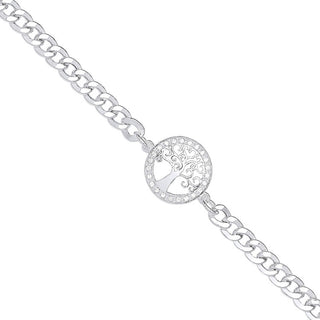 Silver Flat Curb Chain, CZ Tree Of Life Bracelet
