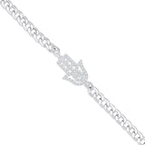 Silver Flat Curb Chain With CZ Hamsa Bracelet