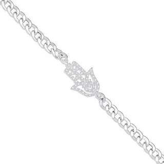 Silver Flat Curb Chain With CZ Hamsa Bracelet