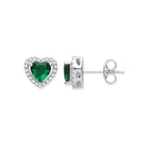 Silver Green CZ Halo Heart Stud Earrings