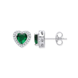 Silver Green CZ Halo Heart Stud Earrings