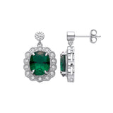 Silver Halo Drop Green CZ Earrings