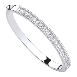 Silver Hinged Princess Cut & Round CZ Bangle