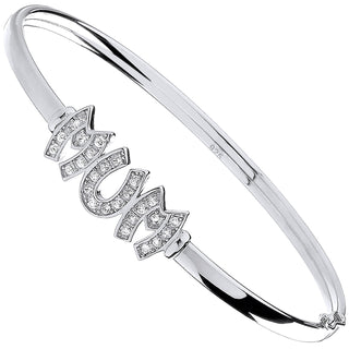 Silver Mum CZ Hinged Bangle